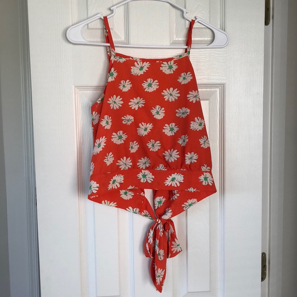 Orange flowered tie back crop top. Size M